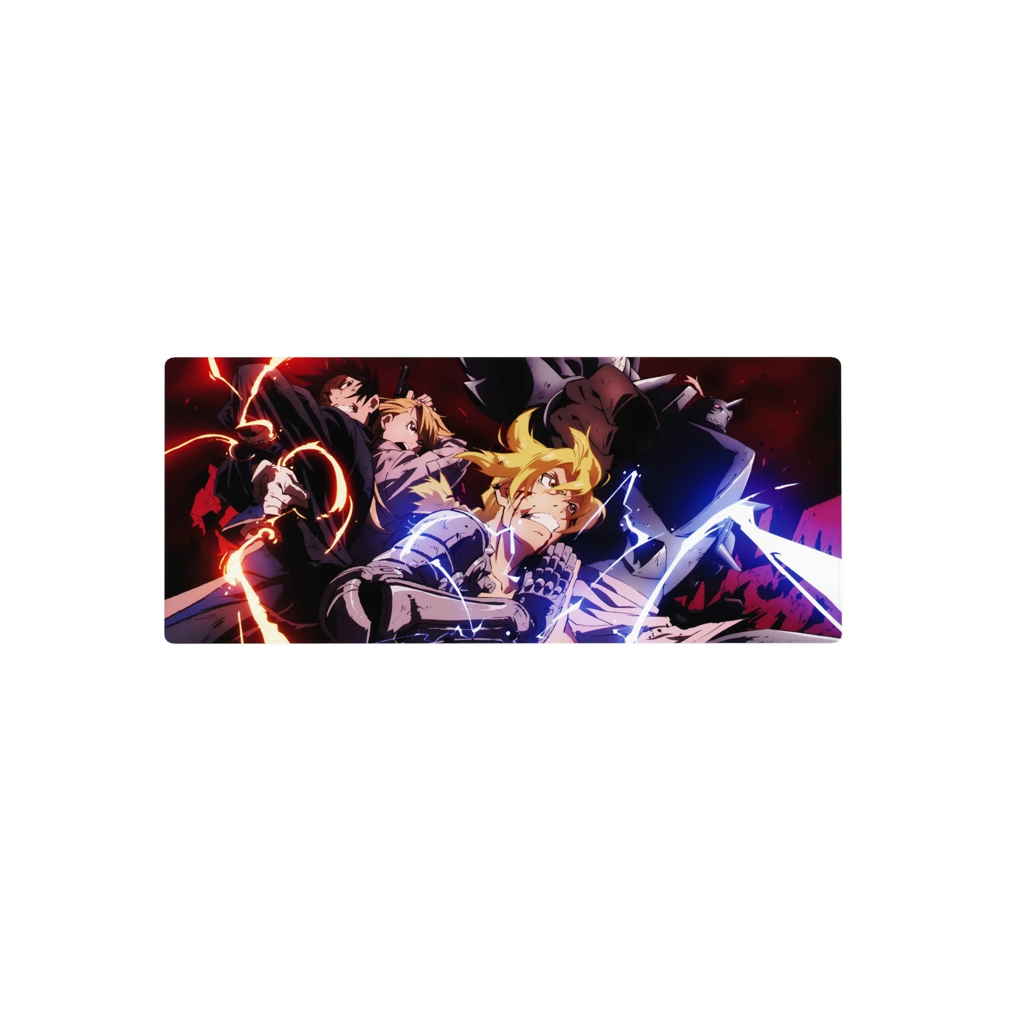 28x12 inches anime mouse pad with Edward and Alphonse action art, crisp lines and smoky shadows.