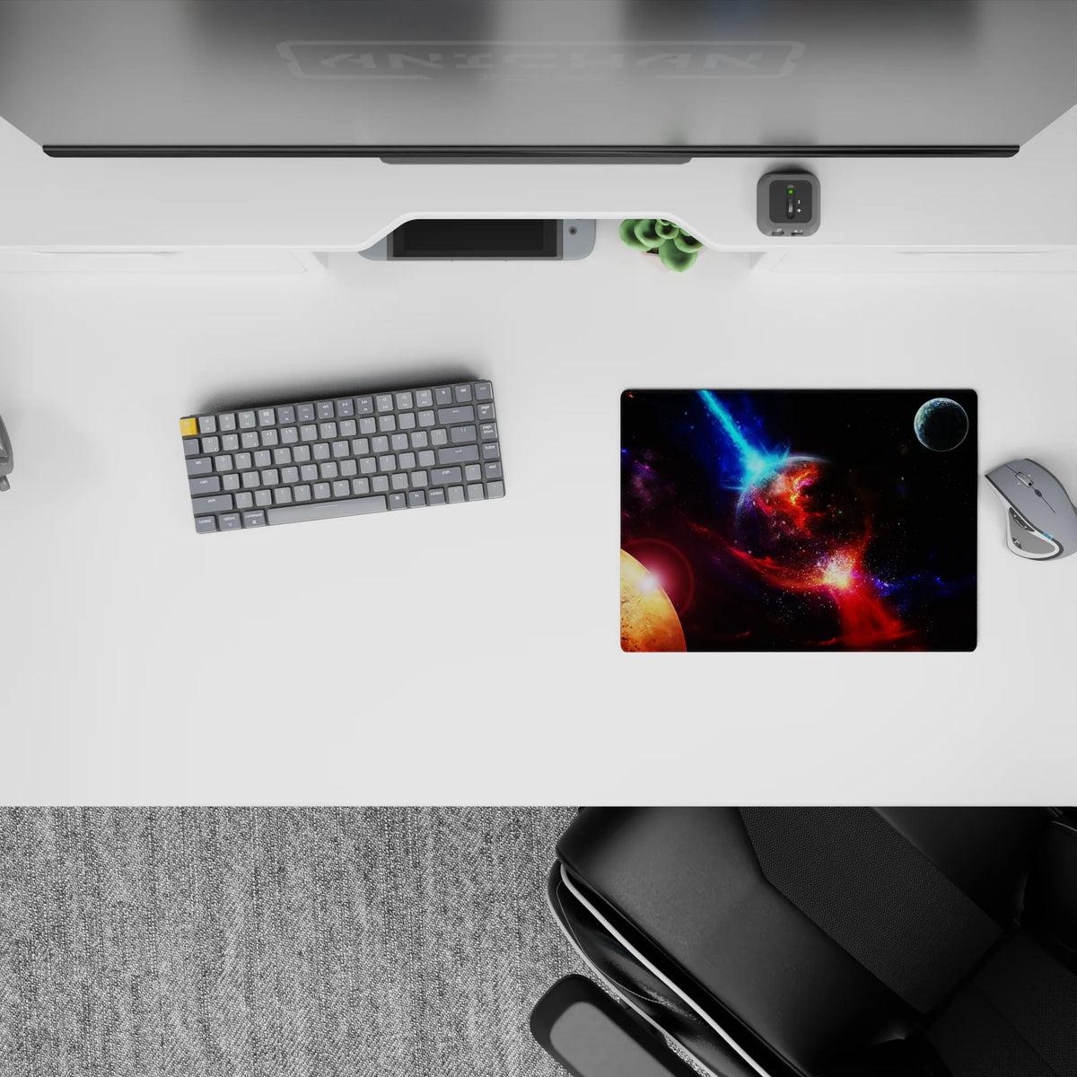 Cinematic 14x10 inches mouse pad in inky black with violet dust and electric blue streaks, fiery glow accents.