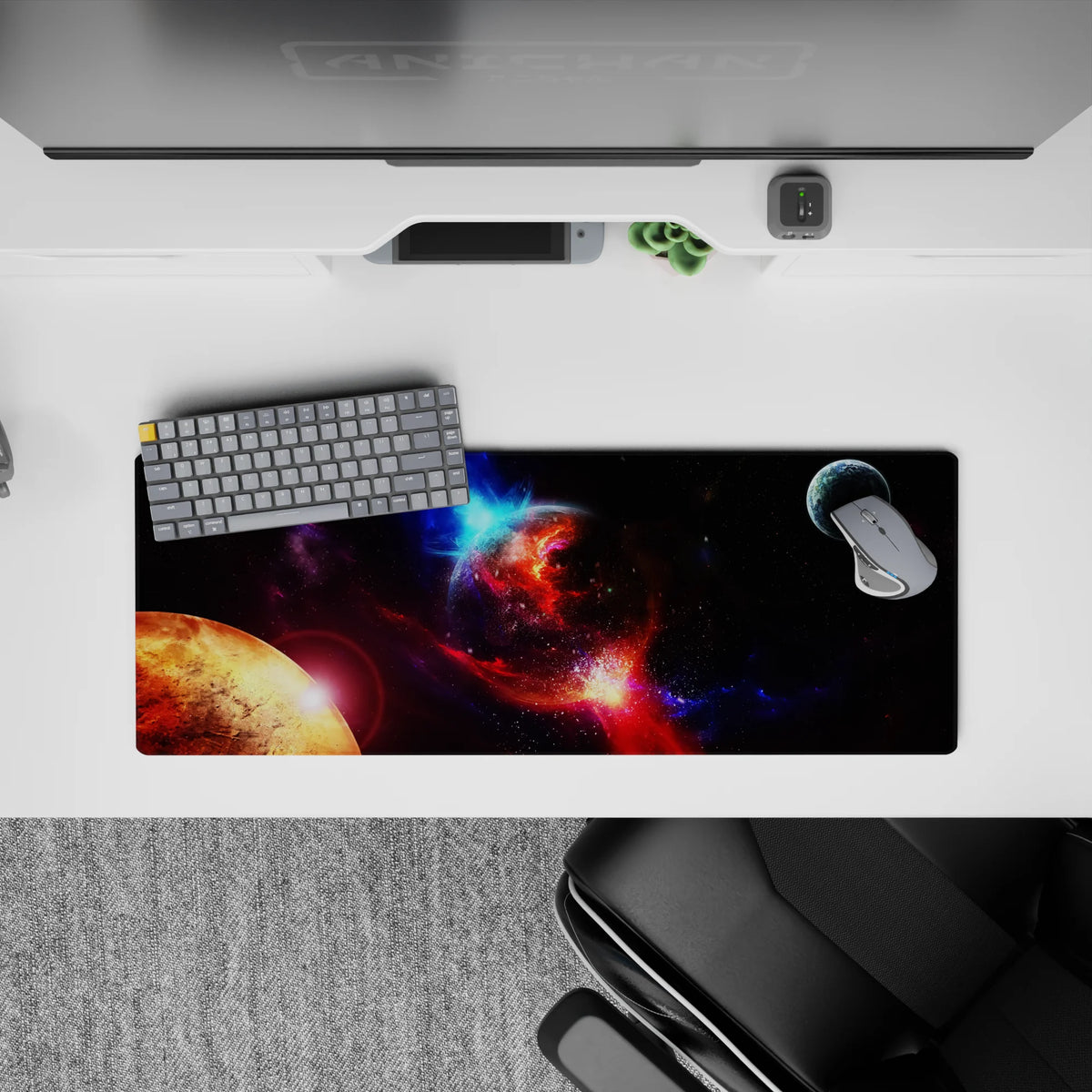 Cinematic deep-space mouse pad 32x12 inches in inky black with violet dust and electric blue streaks.