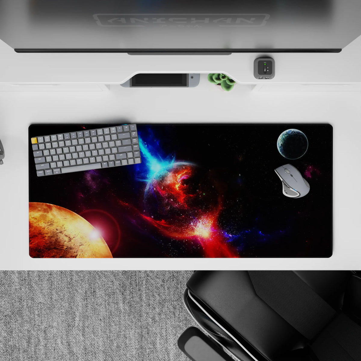Cinematic deep-space mood desk pad 36x16 inches in inky black, violet dust, and electric blue glow.