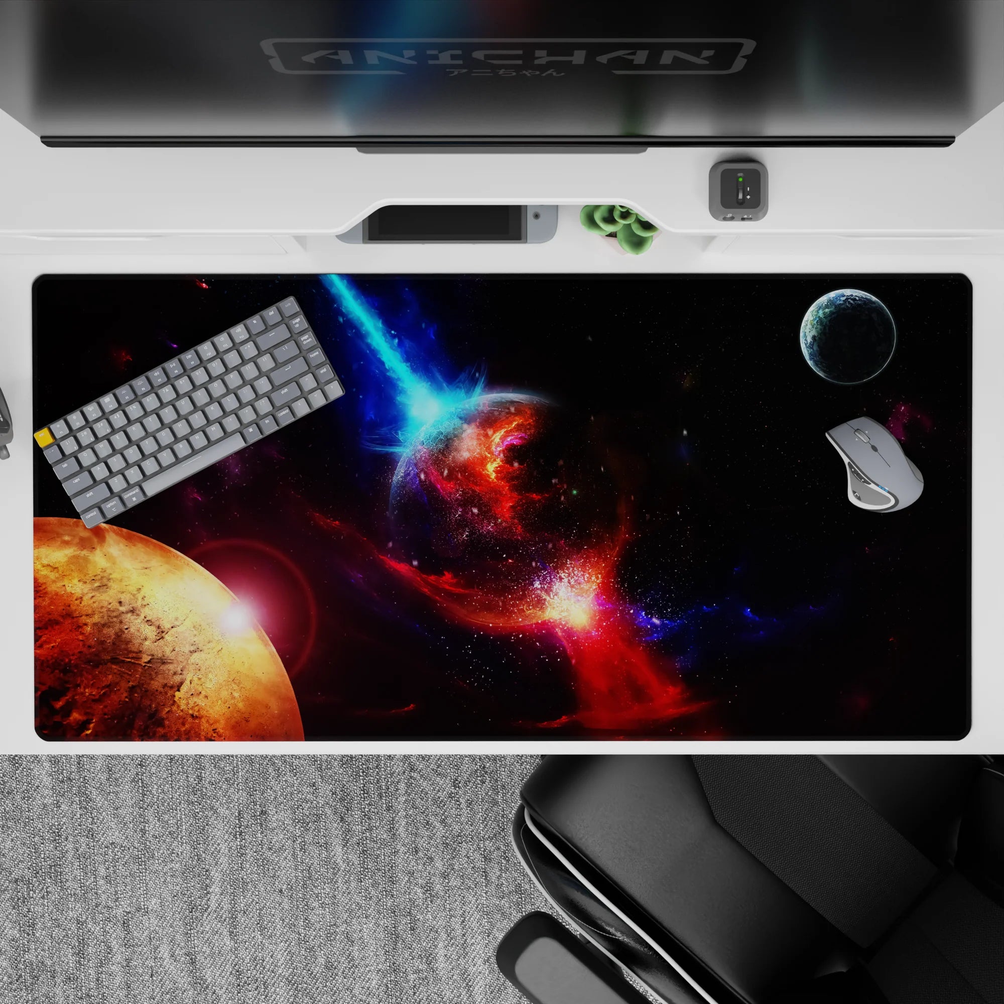 Cinematic deep-space desk pad 40x20 inches in inky black with violet haze, electric blue streaks, and red glow.