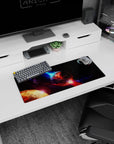 Molten planet scene mouse pad 28x12 inches showing fiery red-orange fissures with a moon in the corner.