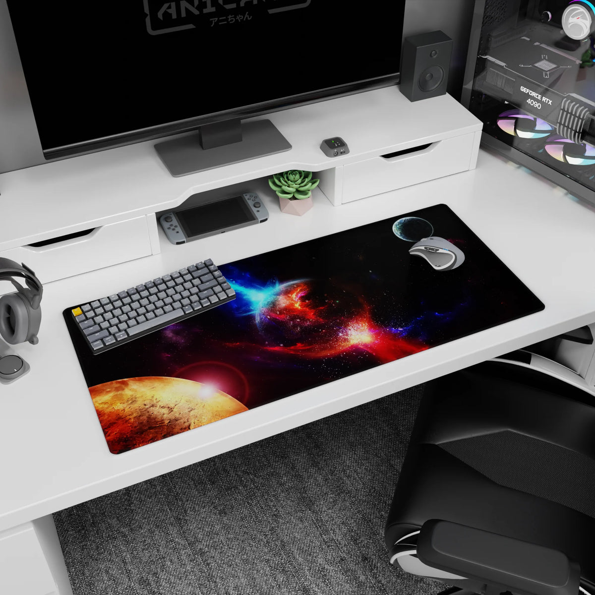 Cracked lava planet scene desk pad 36x16 inches with fiery red-orange fissures and a watching moon.