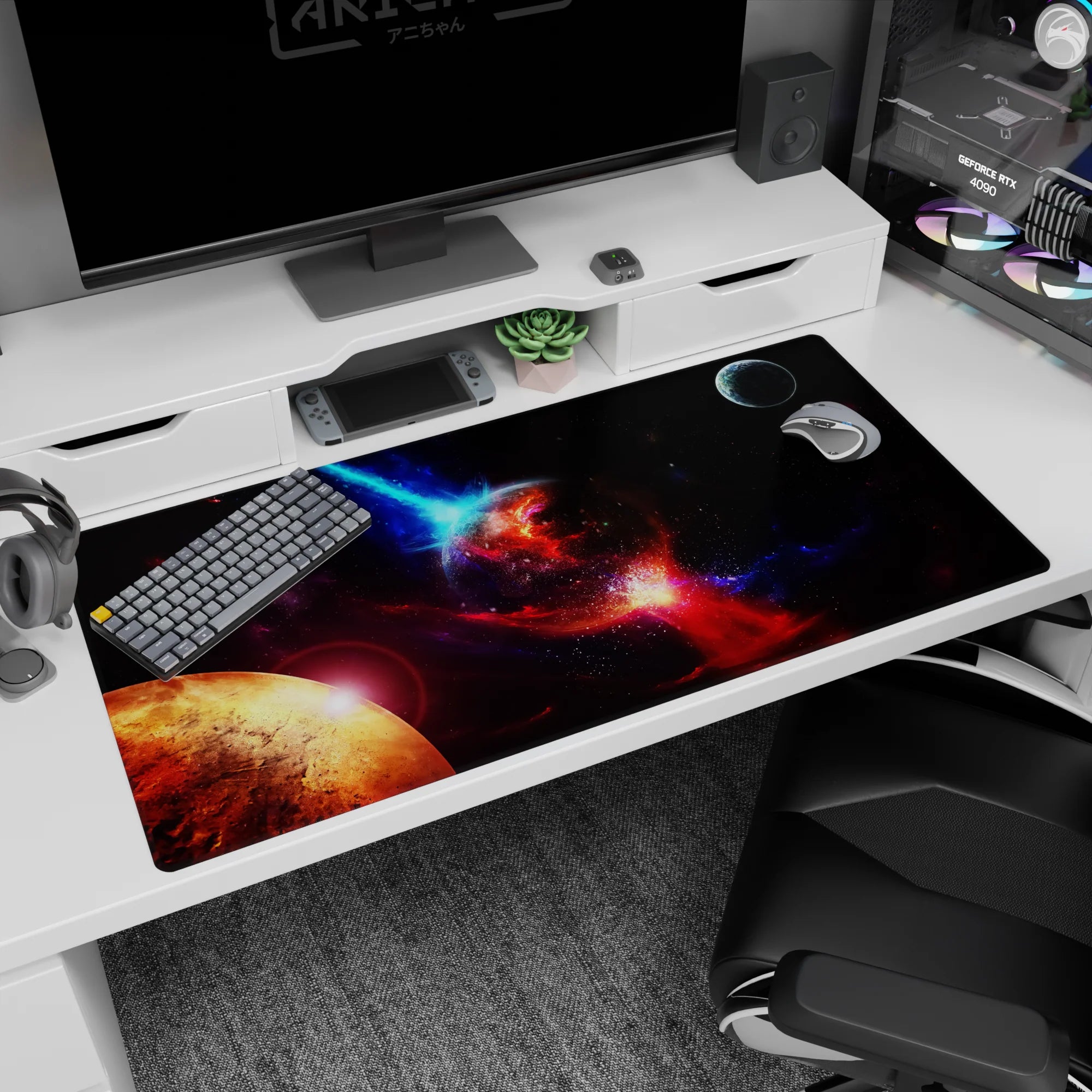 Molten planet scene desk pad 40x20 inches featuring fiery cracked surface, swirling nebula sky, and corner moon.