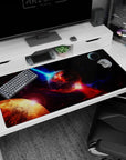 Molten planet scene desk pad 40x20 inches featuring fiery cracked surface, swirling nebula sky, and corner moon.