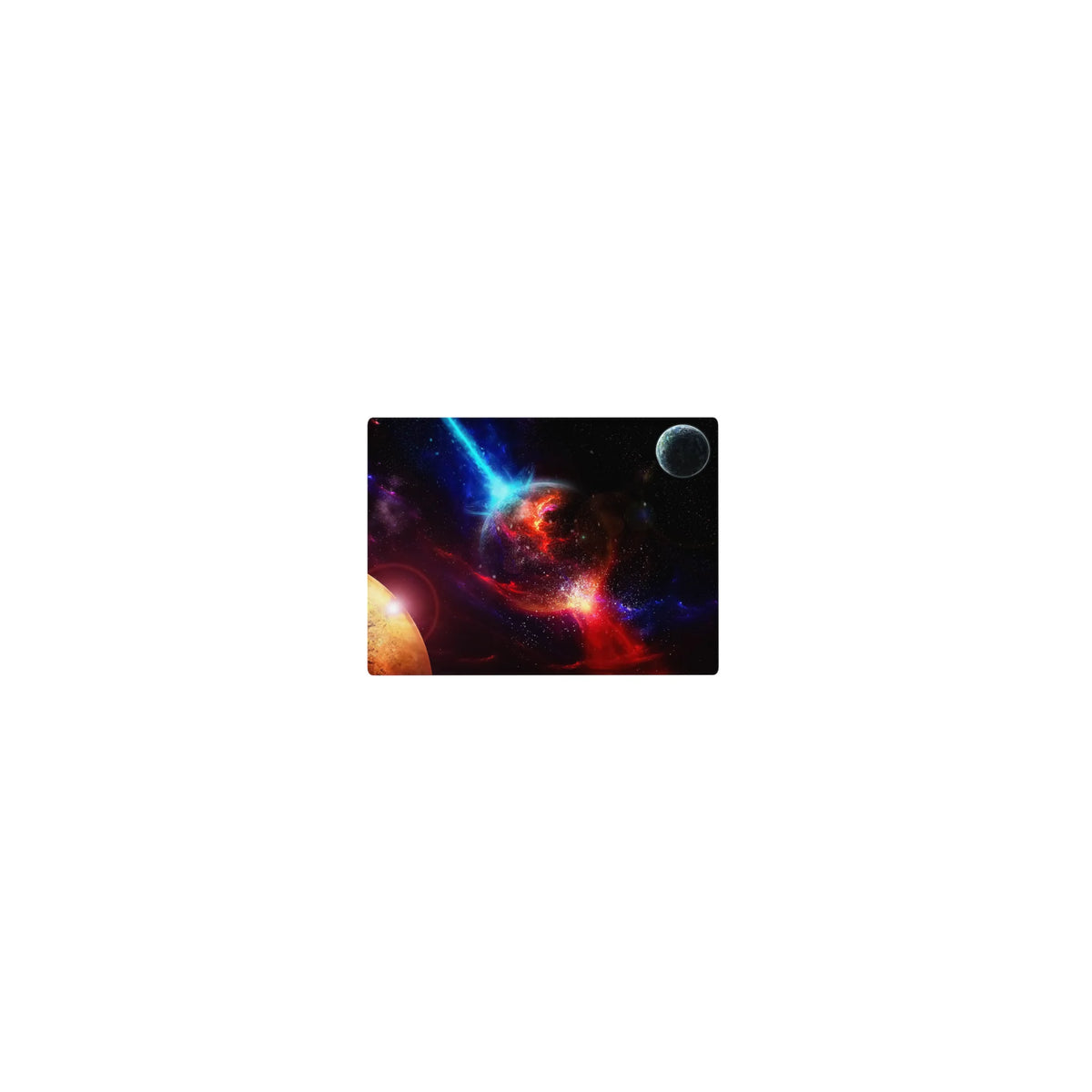 Classic 14x10 inches mouse pad with deep space nebula, cracked molten planet, and small moon corner detail.