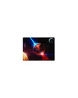 Classic 14x10 inches mouse pad with deep space nebula, cracked molten planet, and small moon corner detail.