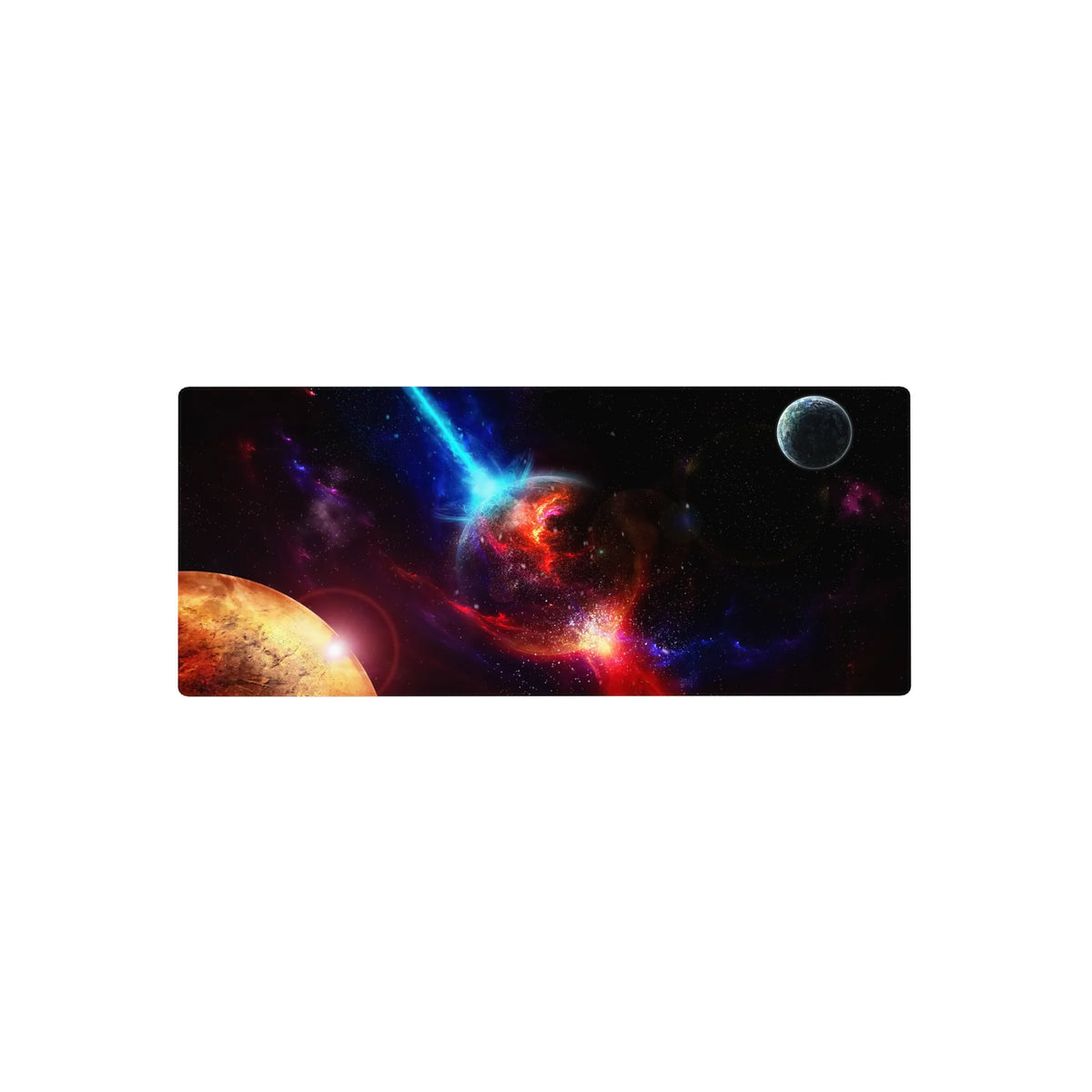 Space nebula desk mouse pad 28x12 inches with cracked molten planet, blue streaks, and small moon.