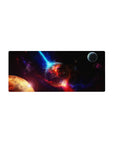 Space nebula desk mouse pad 28x12 inches with cracked molten planet, blue streaks, and small moon.