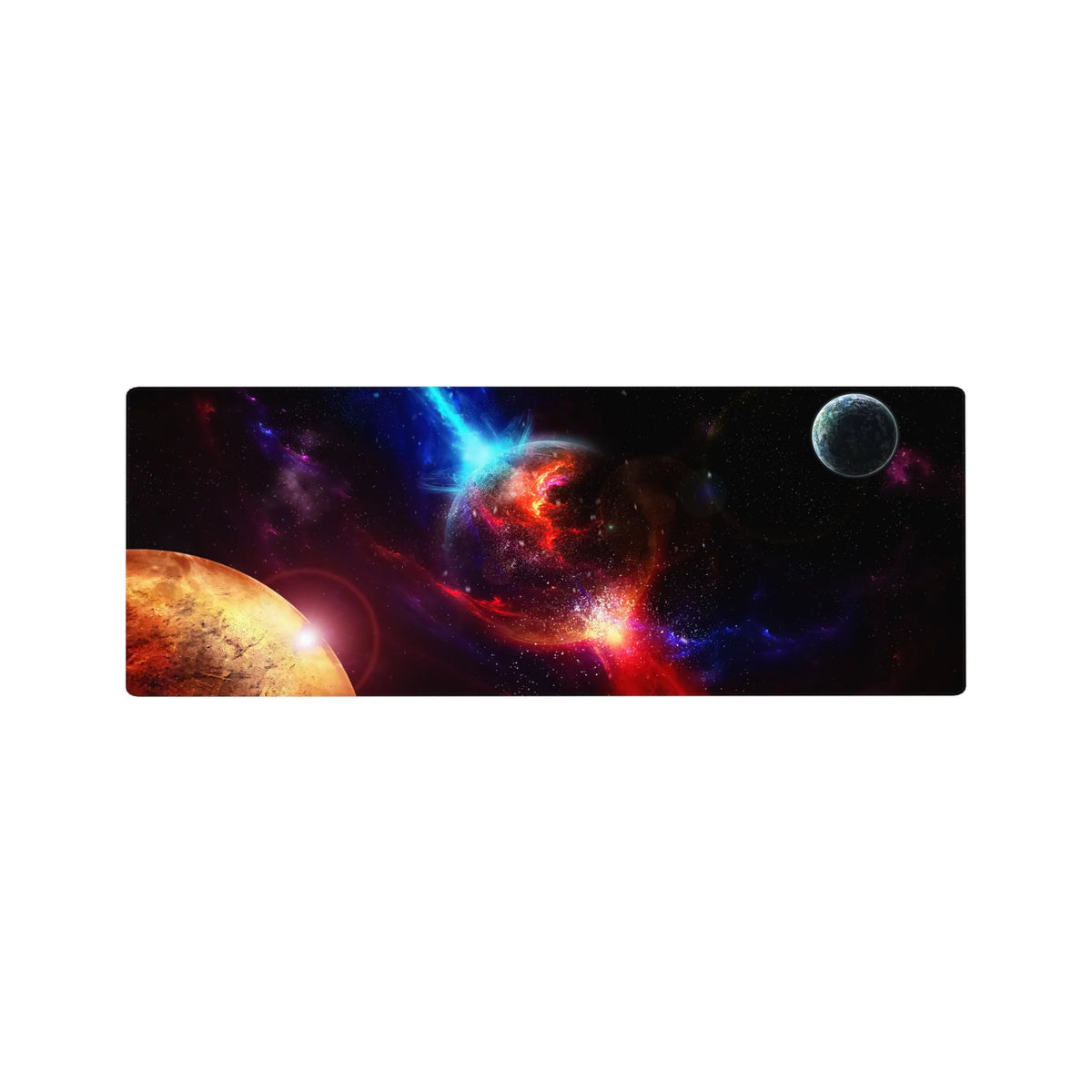 Galaxy nebula desk mouse pad 32x12 inches with cracked molten planet and small moon in the corner.
