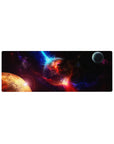 Galaxy nebula desk mouse pad 32x12 inches with cracked molten planet and small moon in the corner.