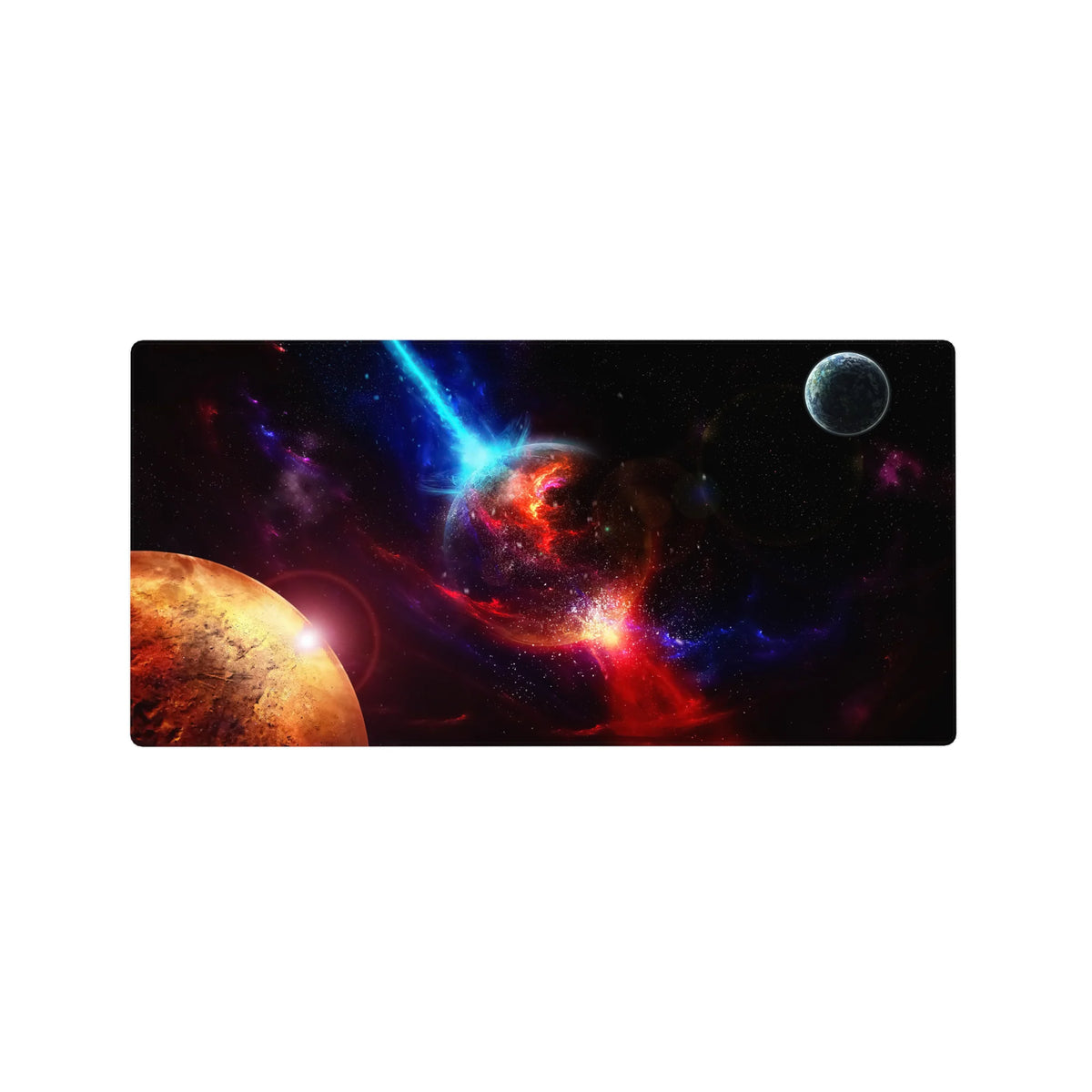 Galaxy desk mouse pad 32x16 inches with nebula swirl, cracked molten planet, and small moon detail.