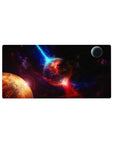 Galaxy desk mouse pad 32x16 inches with nebula swirl, cracked molten planet, and small moon detail.