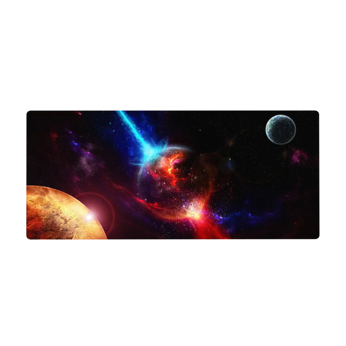 Galaxy desk pad 36x16 inches with nebula sky, cracked molten planet, and small moon in corner.