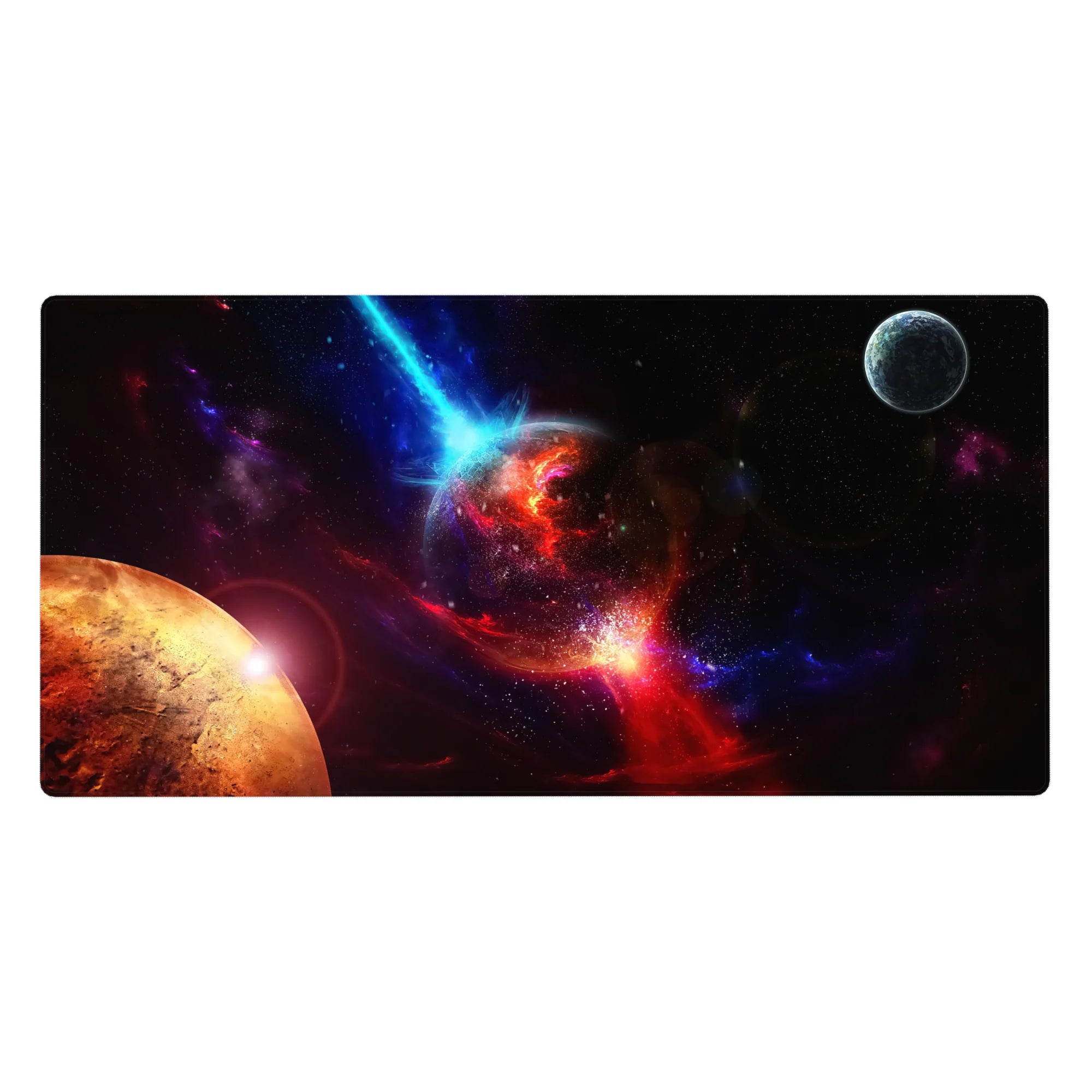 Space nebula desk pad 40x20 inches with cracked molten planet, streaking stars, and a small moon.
