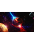 Space nebula desk pad 40x20 inches with cracked molten planet, streaking stars, and a small moon.