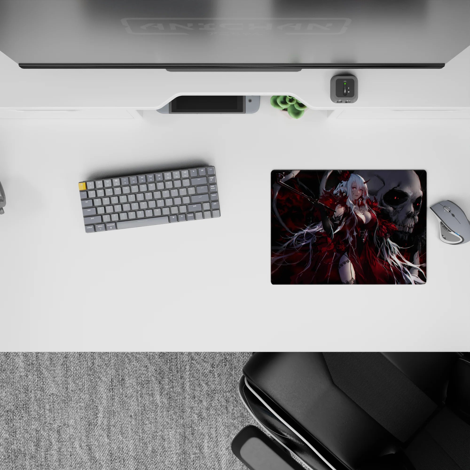 Crimson and black gothic anime mouse pad 14x10 inches, silver hair highlights and dark smoky mood.