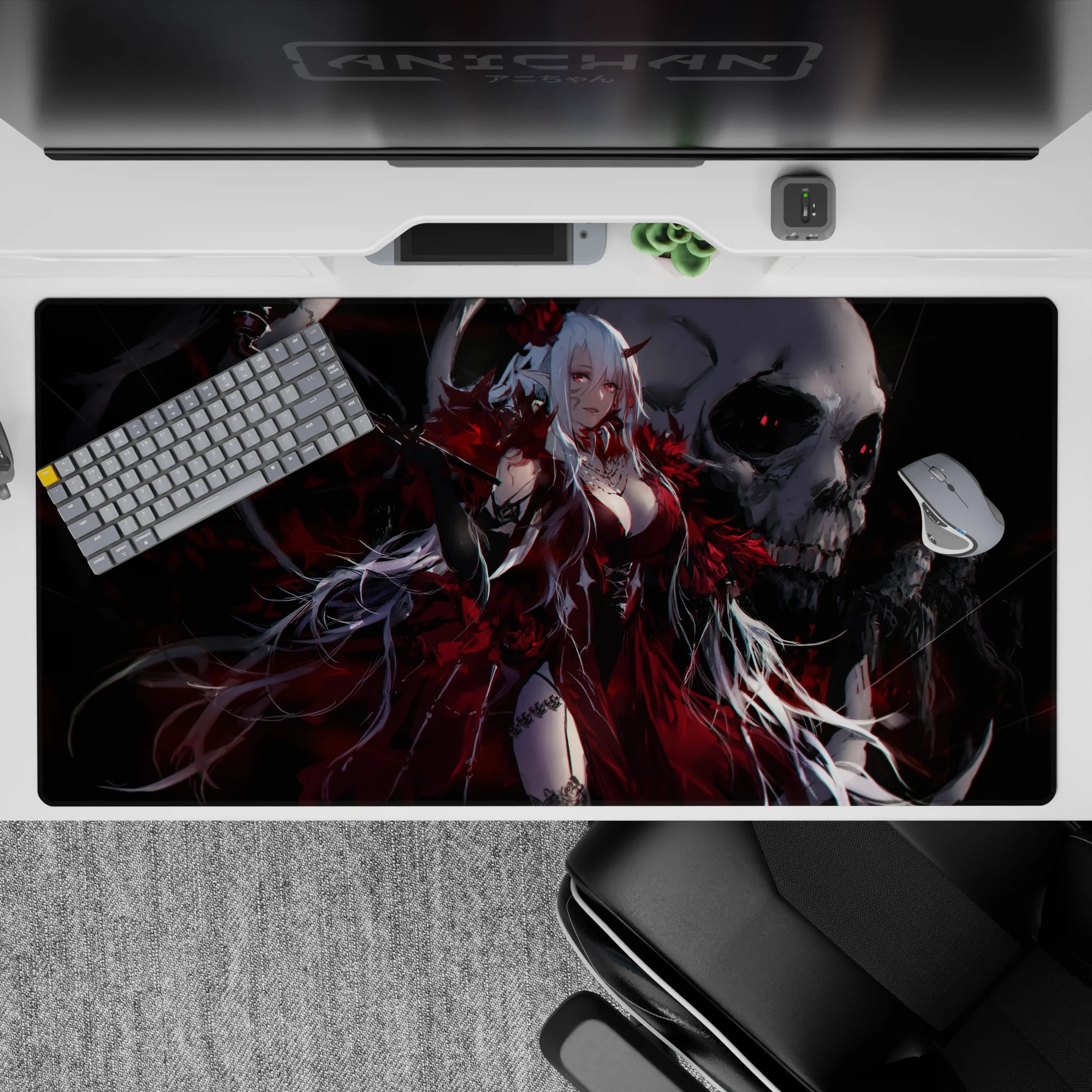 Gothic-crimson anime desk pad 40x20 inches in smoky black and silver tones with skull backdrop.