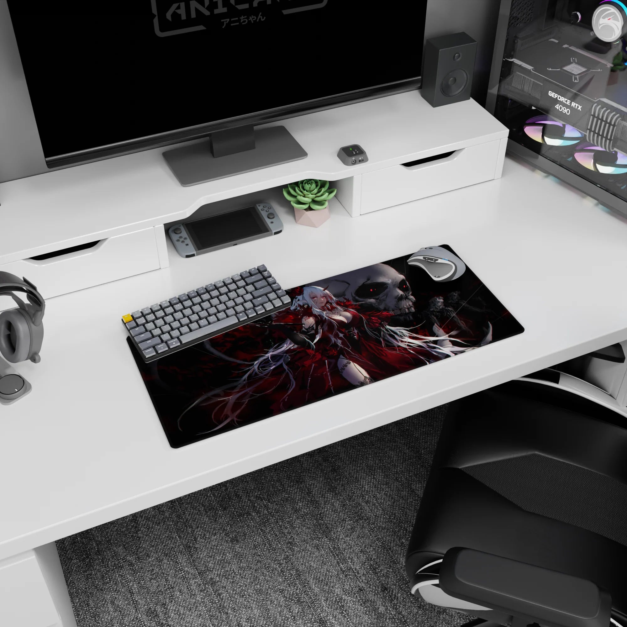 28x12 inches mouse pad showing a horned white-haired anime demon queen in a blood-red gown before a skull.