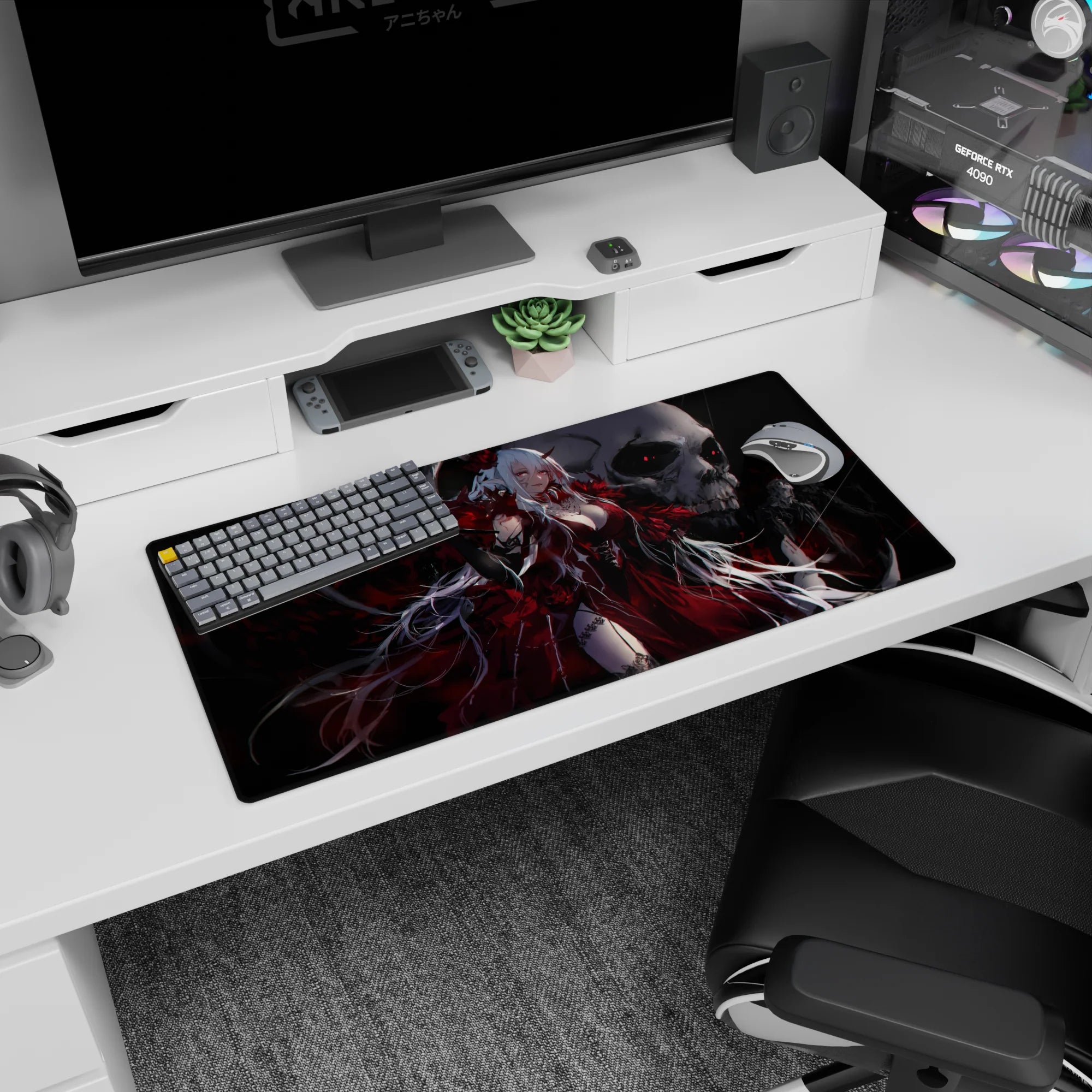 White-haired horned anime demon girl in flowing blood-red dress on 32x16 inches mouse pad.