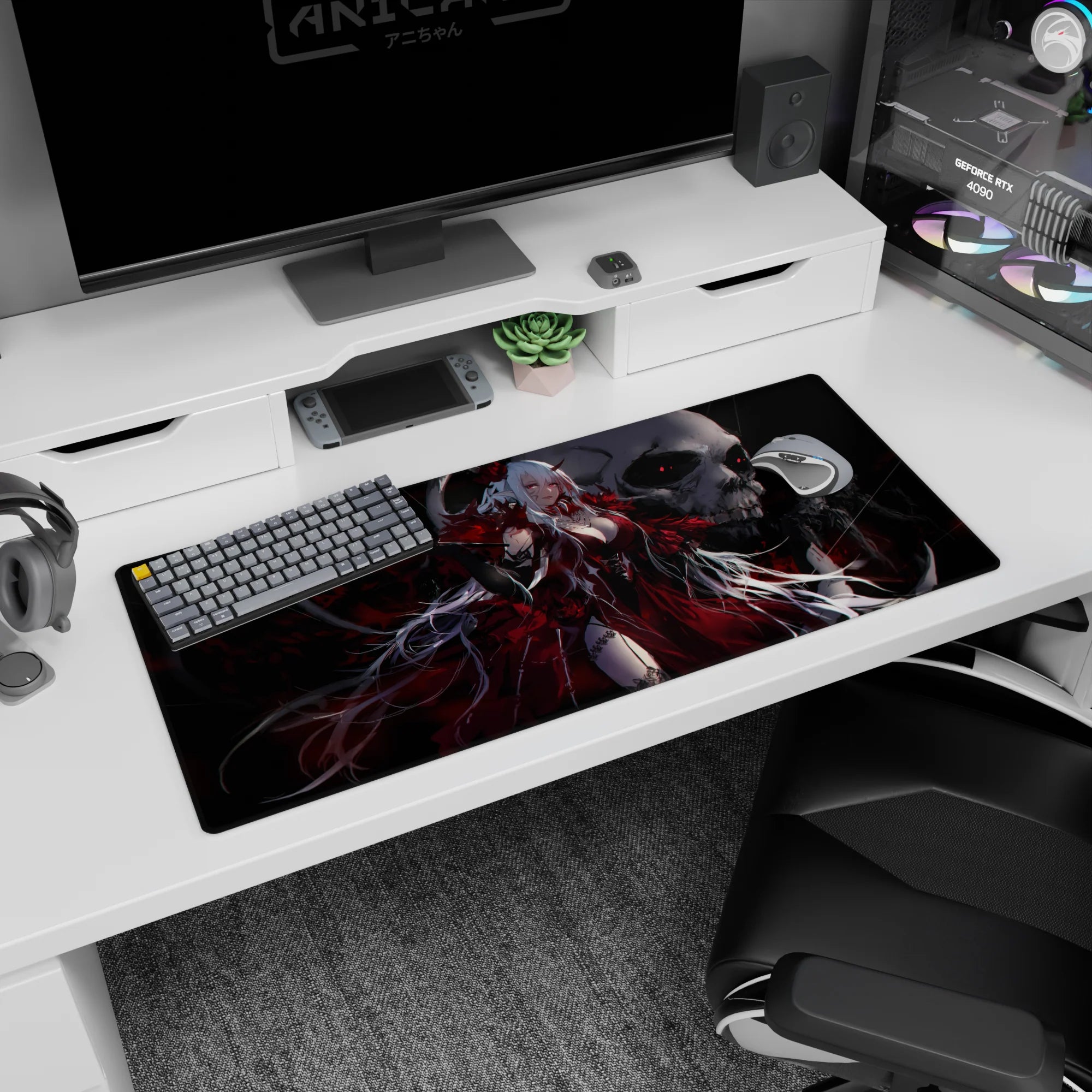 36x16 inches anime desk pad featuring a horned white-haired girl in a blood-red gown before a skull.