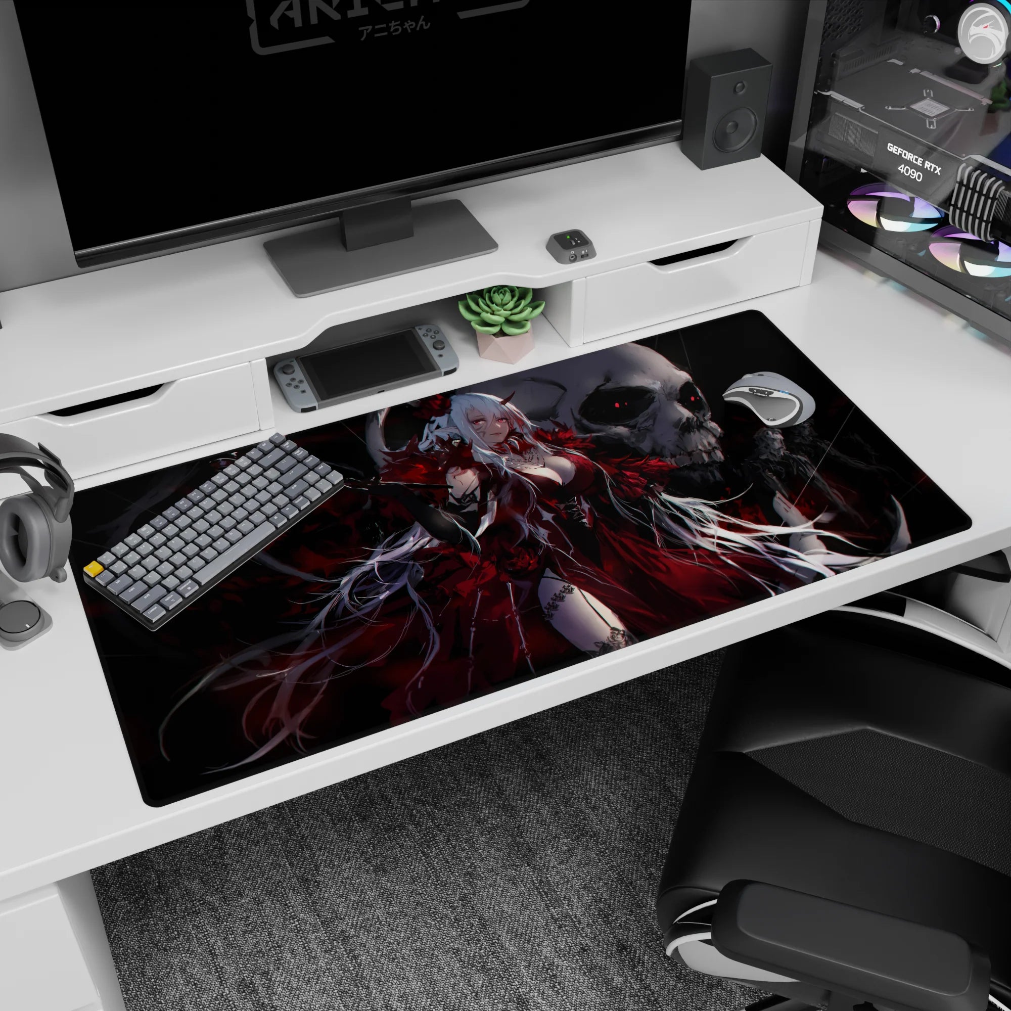 White-haired horned anime demon queen in blood-red gown on desk pad 40x20 inches, skull behind her.