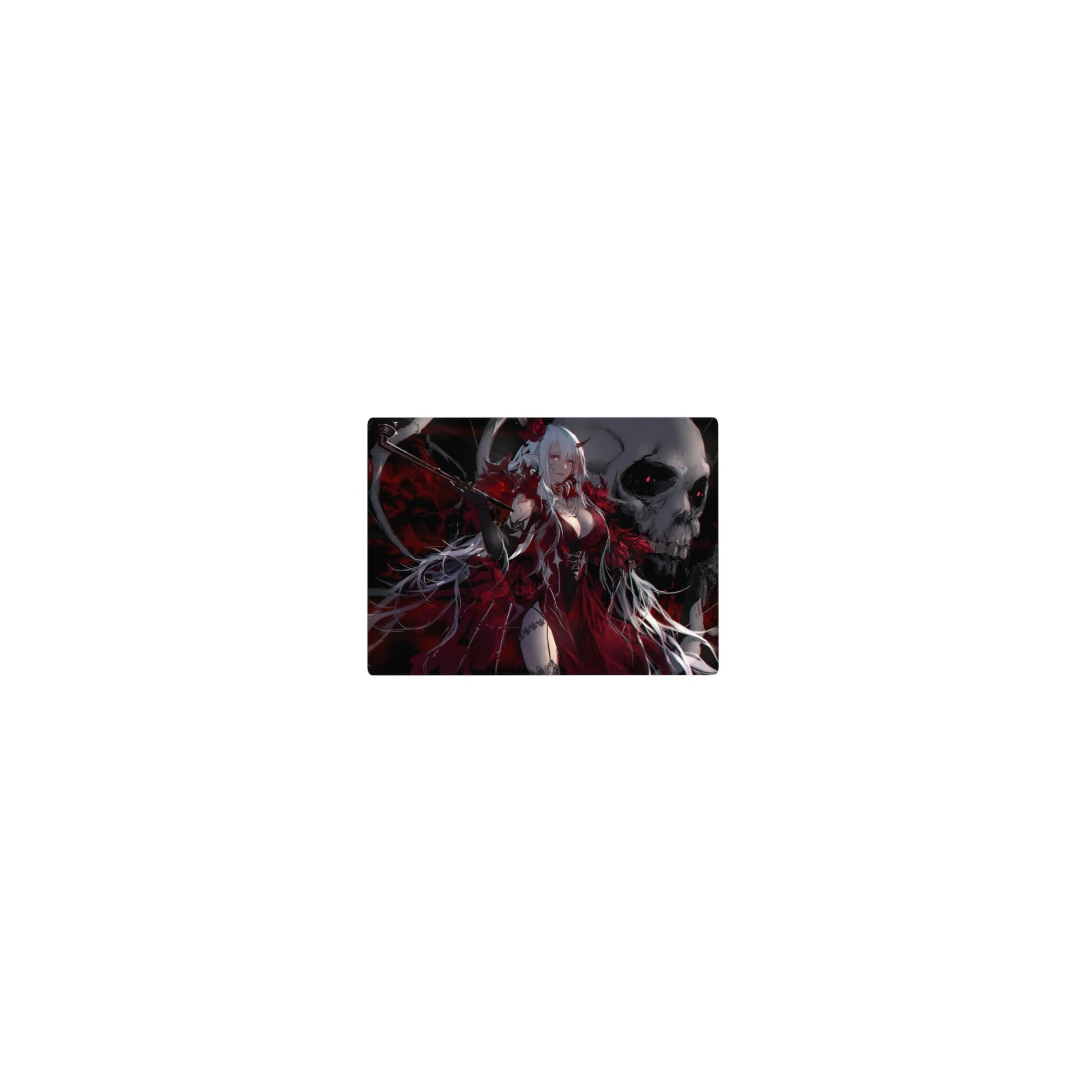 Classic anime girl mouse pad 14x10 inches with white-haired demon queen, horns, roses, gothic skull art.