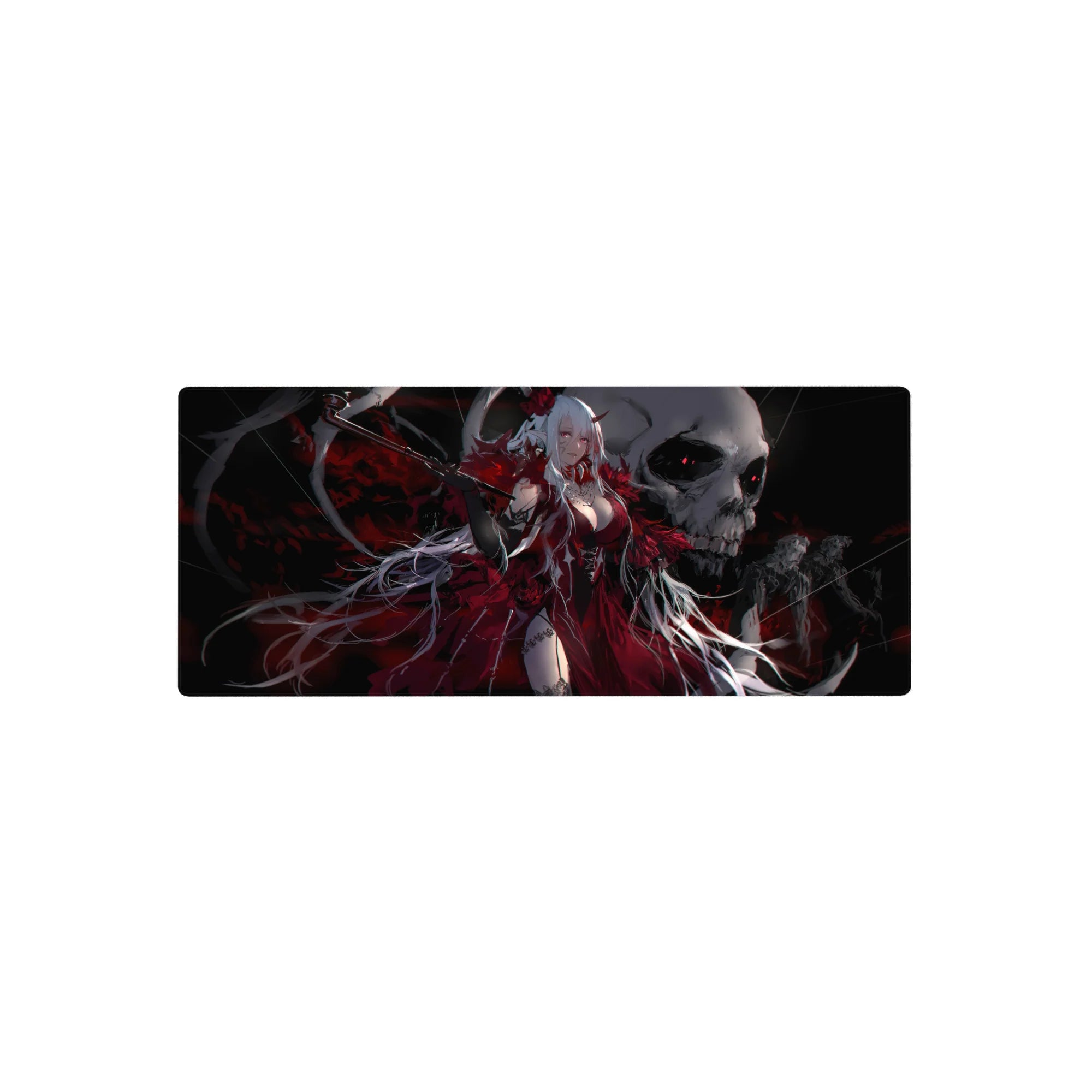 28x12 inches anime girl mouse pad with white-haired demon queen, horns, roses, and flowing red dress.
