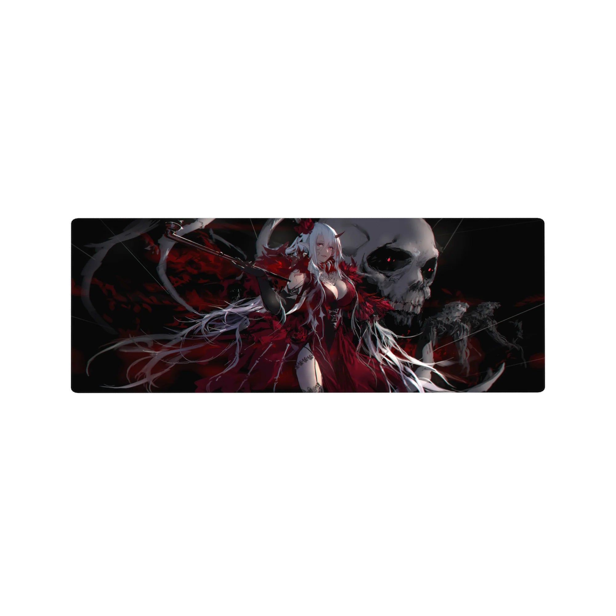 Anime girl mouse pad 32x12 inches with white-haired demon queen, horns, roses, and flowing red dress.