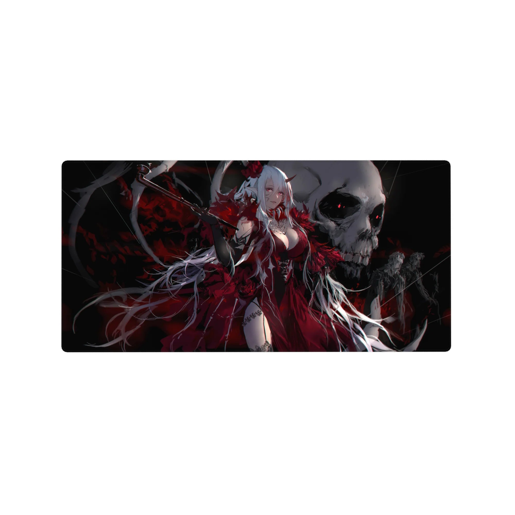 Anime girl mouse pad 32x16 inches with white-haired demon queen art, horns, roses, and red dress.