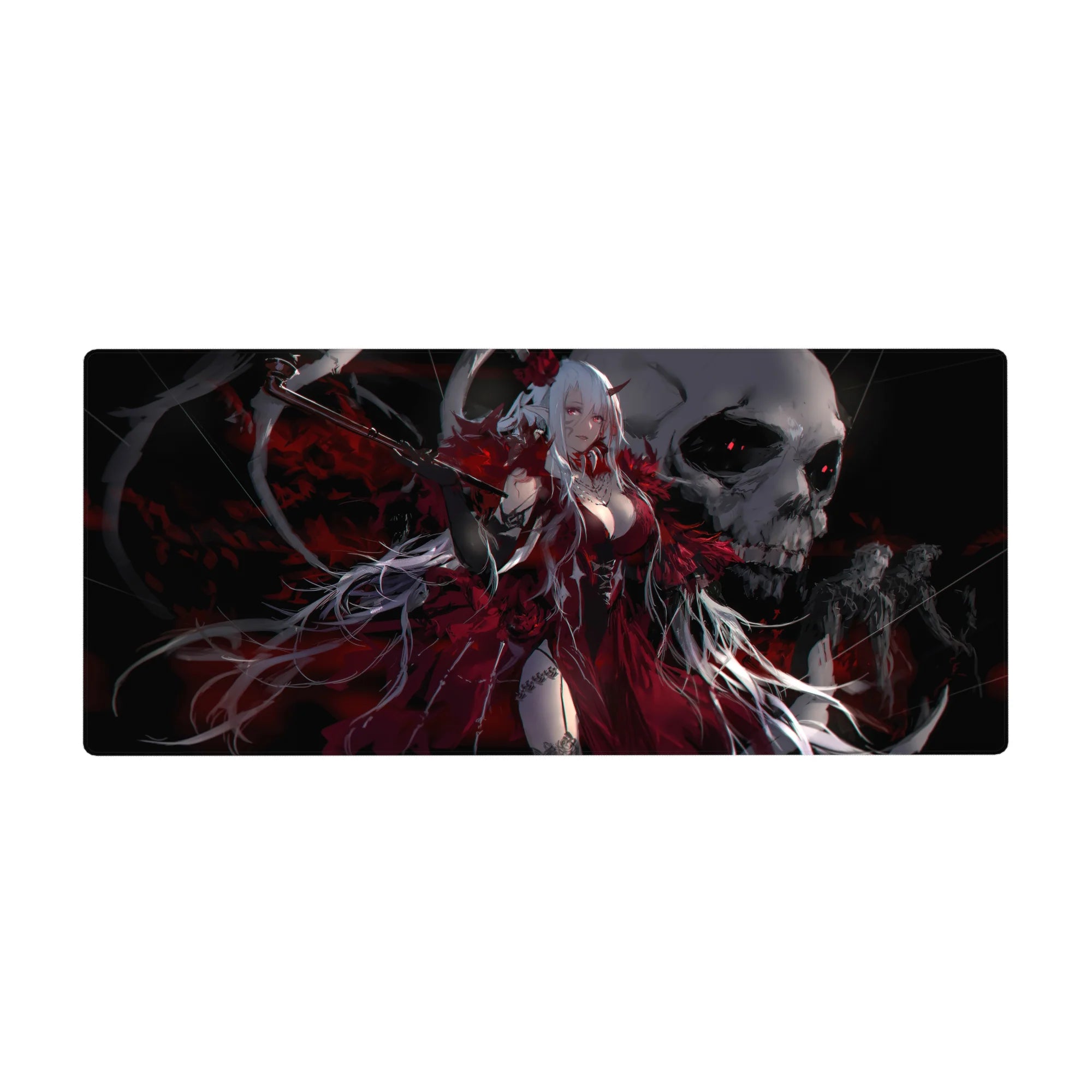 36x16 inches anime girl desk pad with white-haired demon queen, horns, roses, and flowing red dress.