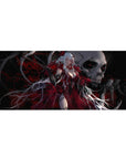 36x16 inches anime girl desk pad with white-haired demon queen, horns, roses, and flowing red dress.