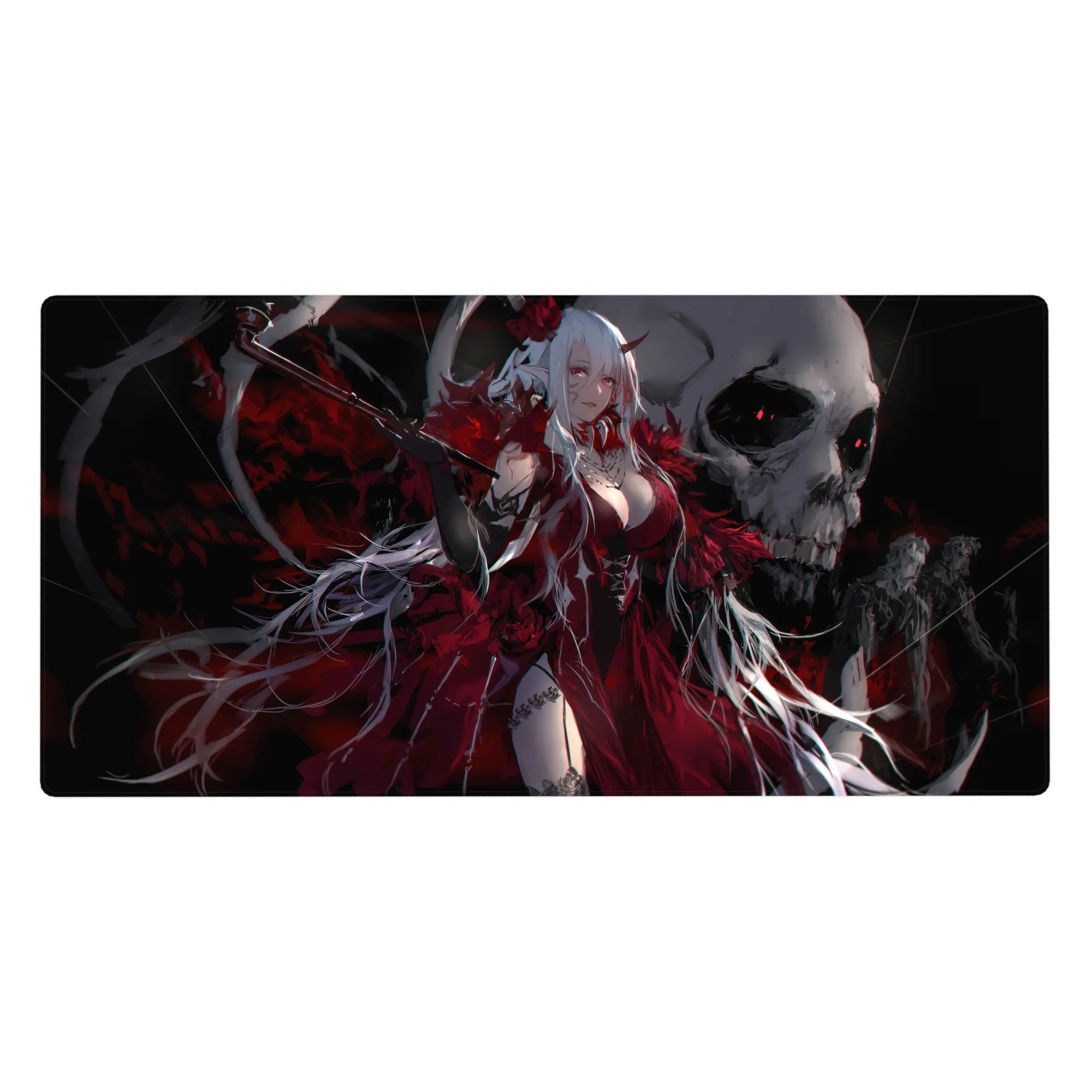 Anime girl desk pad 40x20 inches with white-haired demon queen, horns, roses, and flowing red dress.