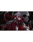 Anime girl desk pad 40x20 inches with white-haired demon queen, horns, roses, and flowing red dress.