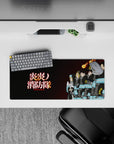 Charcoal Fire Force anime mouse pad 28x12 inches, turquoise bands and orange flame spirits, calm mood.