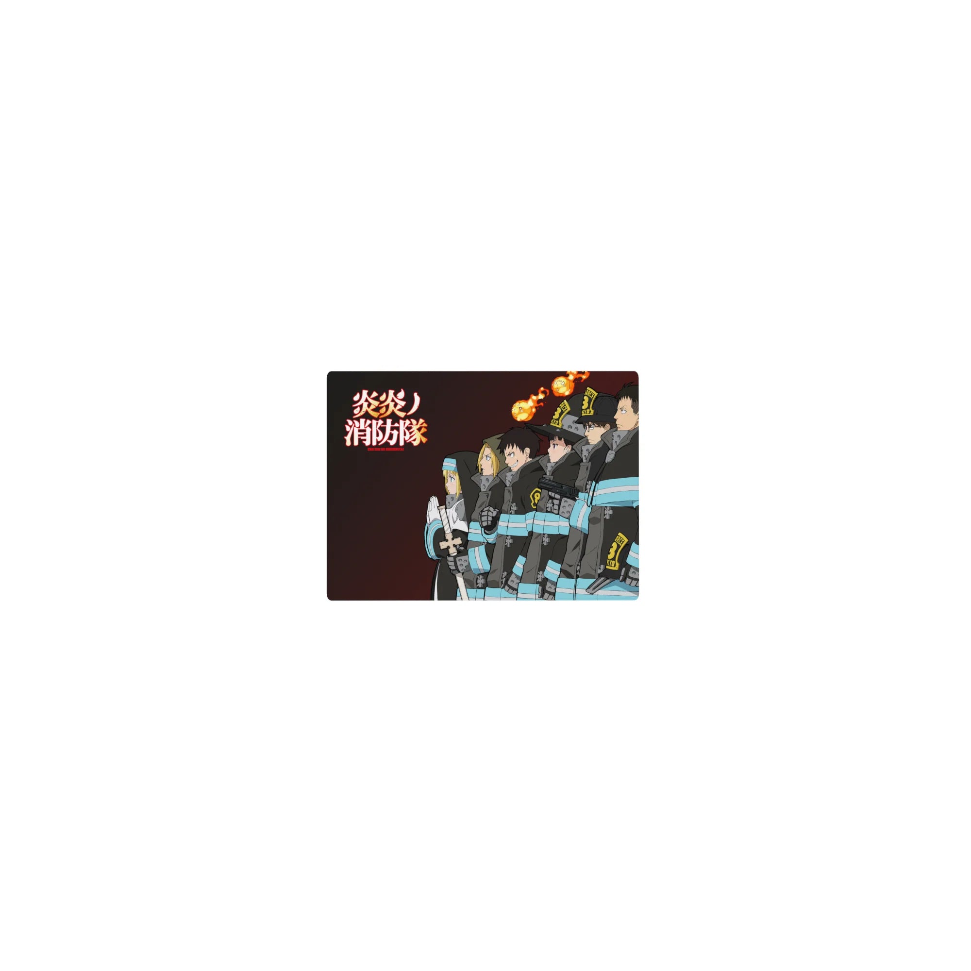 Fire Force classic anime mouse pad 14x10 inches with Special Fire Force lineup, kanji and flame spirits.