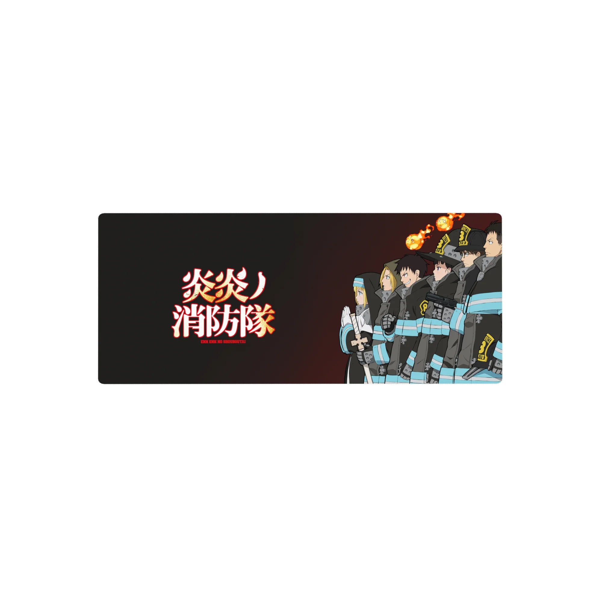 Fire Force anime mouse pad 28x12 inches with Special Fire Force lineup, black coats, glowing kanji.