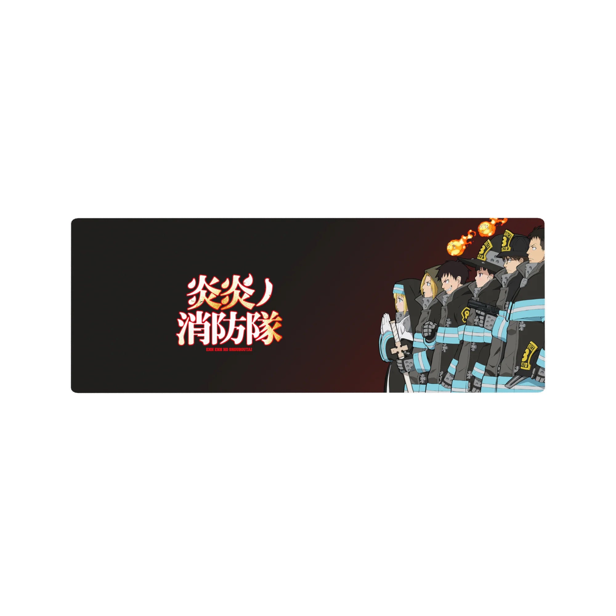 Fire Force anime mouse pad 32x12 inches featuring Special Fire Force lineup on dark charcoal background.