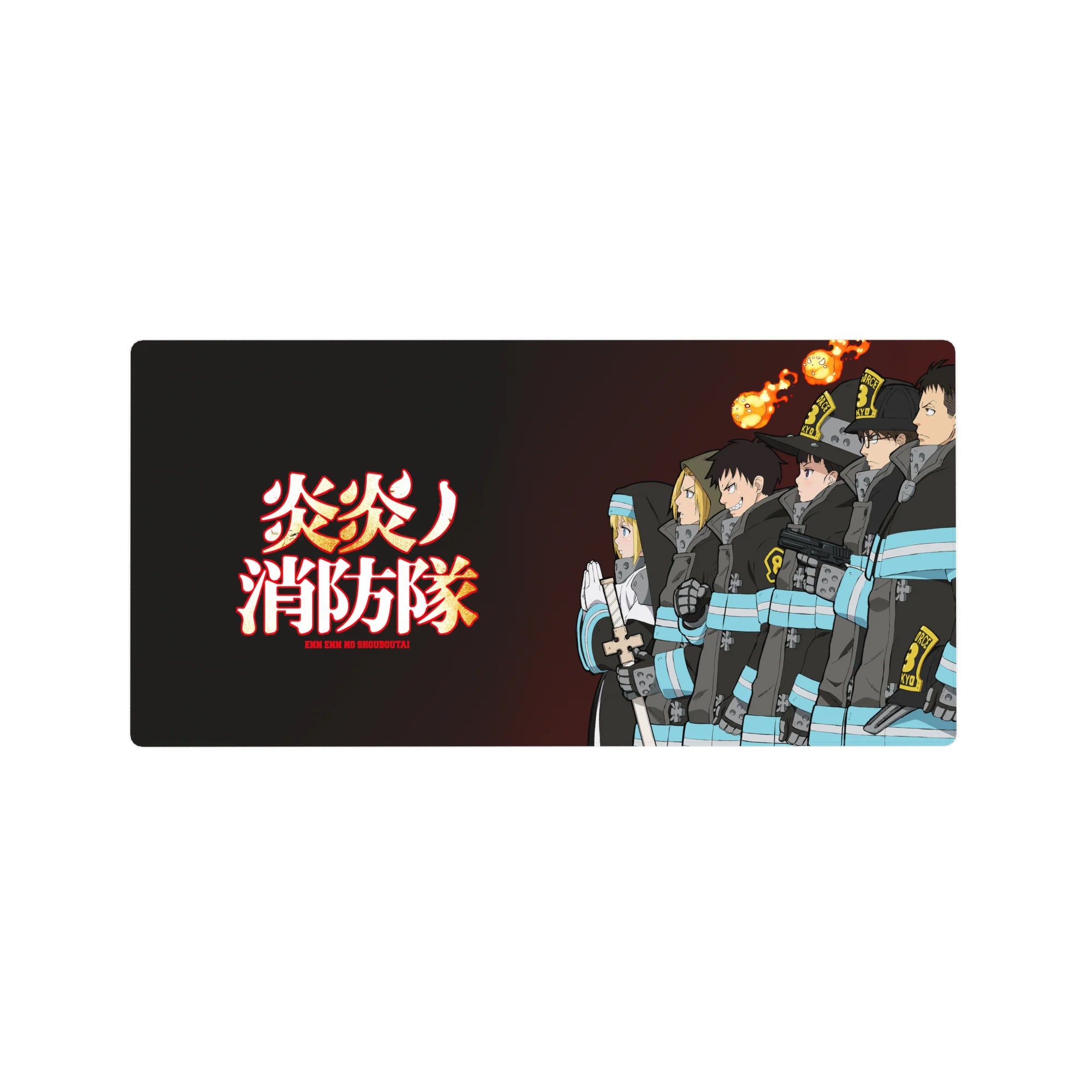 Fire Force anime mouse pad 32x16 inches with Special Fire Force lineup in black coats and helmets.