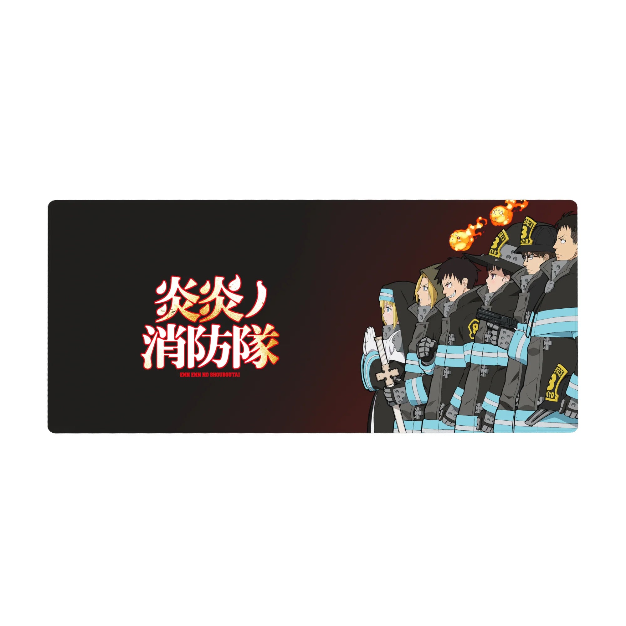 Fire Force anime desk pad 36x16 inches with Special Fire Force lineup, black coats, helmets, kanji.
