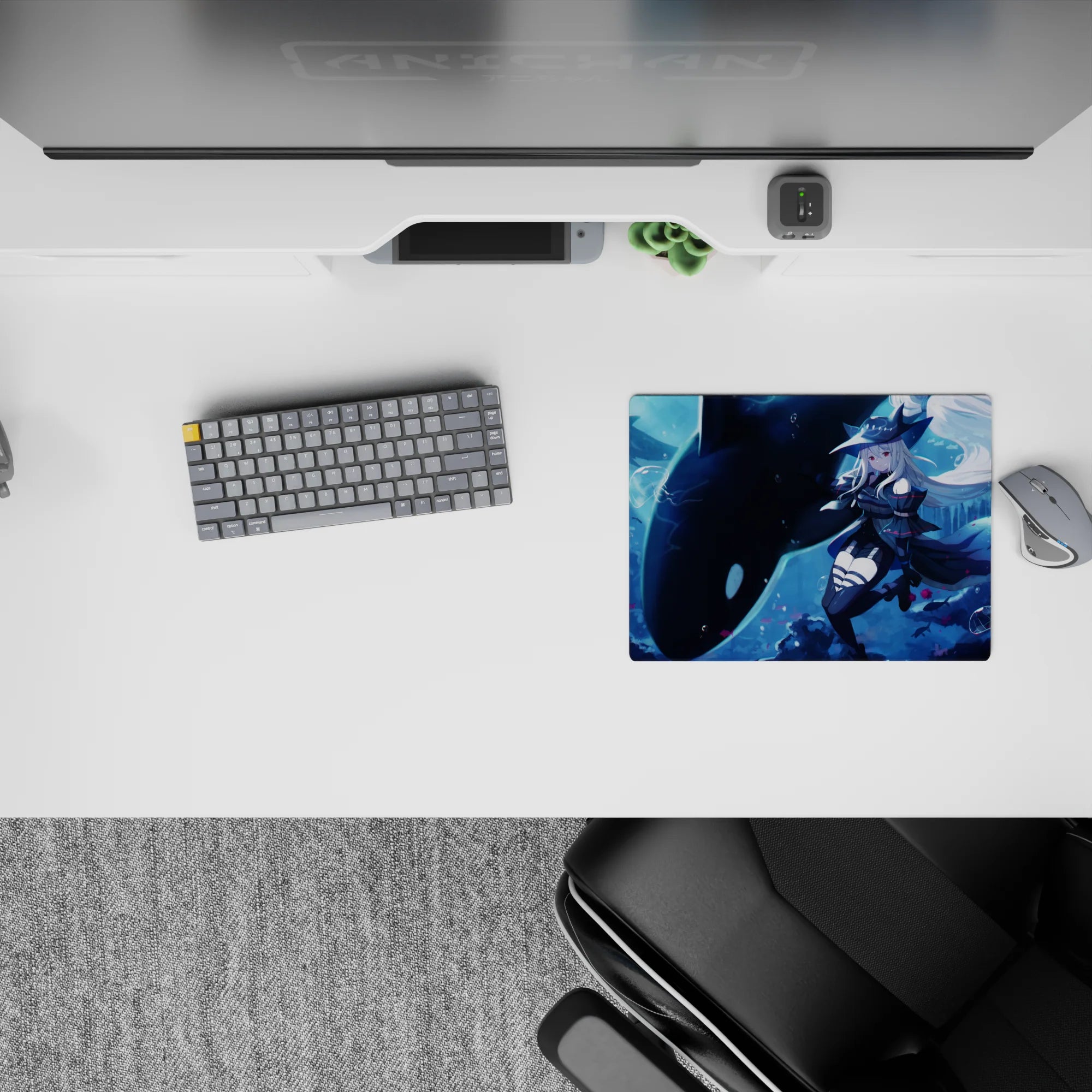 Moody deep-blue anime girl mouse pad 14x10 inches with icy glow, dreamy midnight aquarium vibe.