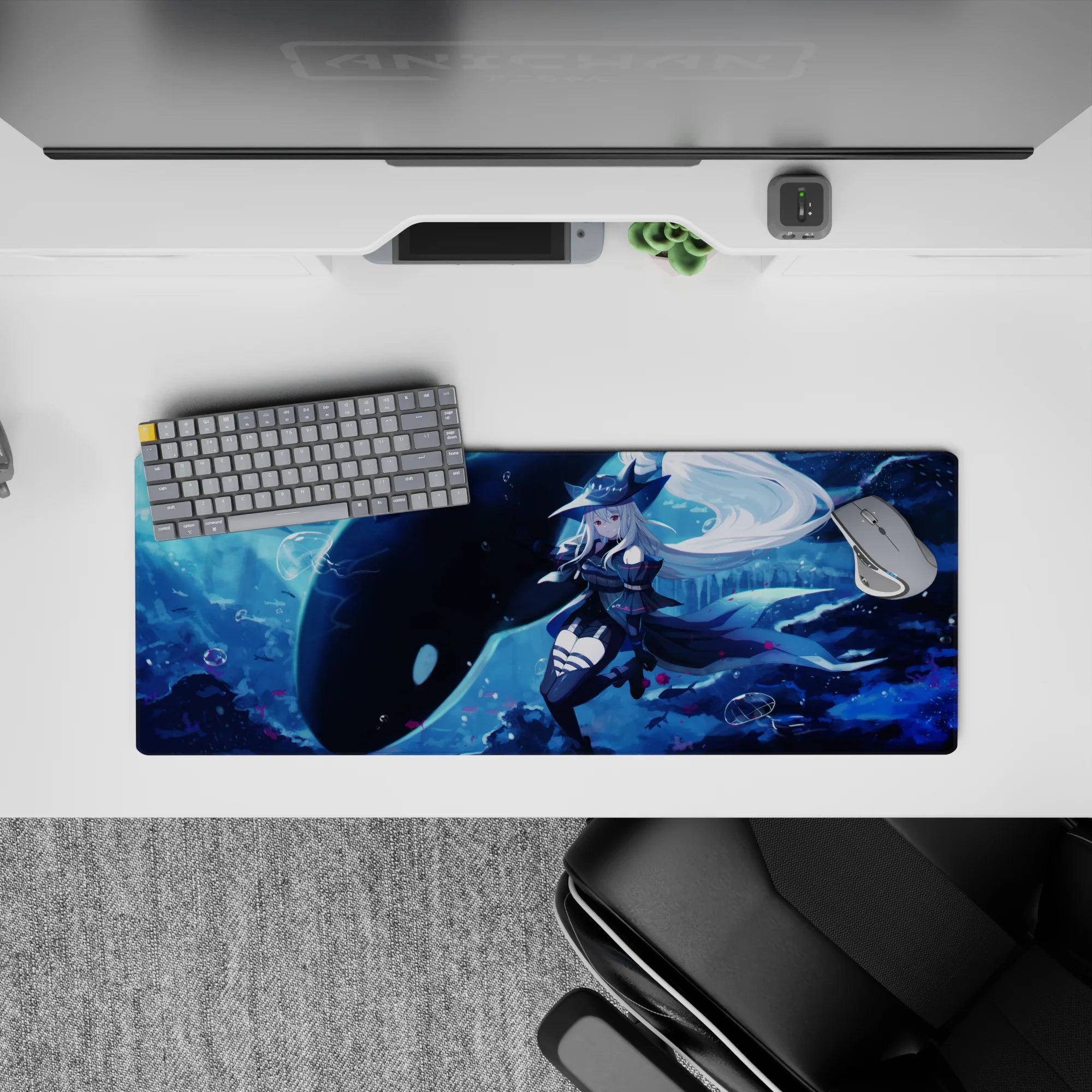 32x12 inches anime girl mouse pad in deep ocean blues with icy glow, dreamy midnight aquarium mood.