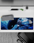 32x12 inches anime girl mouse pad in deep ocean blues with icy glow, dreamy midnight aquarium mood.