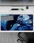 32x16 inches anime desk mat in deep blues with icy glow, bubbles, pink petals, dreamy ocean mood.