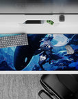 36x16 inches anime girl desk pad in deep blues with icy glow, bubbles, pink petals, dreamy mood.
