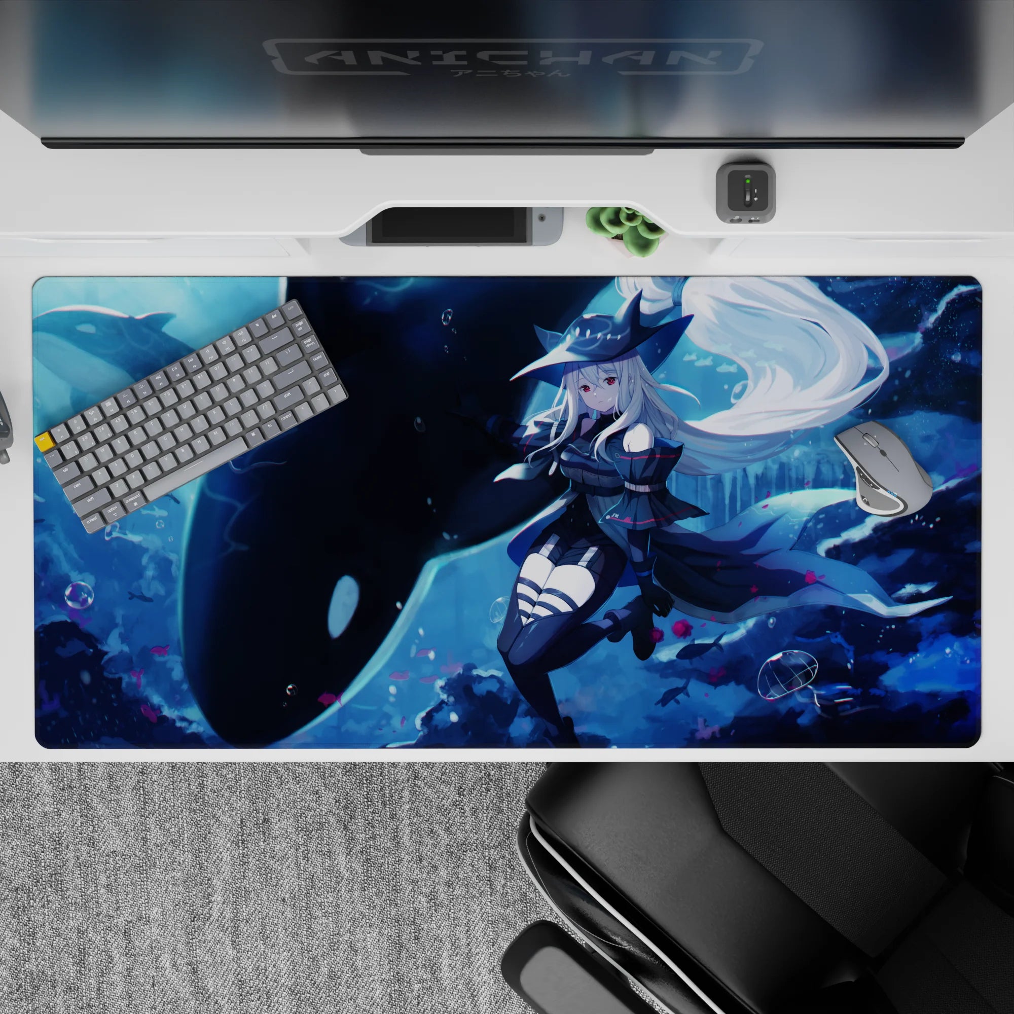40x20 inches anime girl mouse pad in deep blue, icy glow, bubbles, and dreamy midnight aquarium mood.