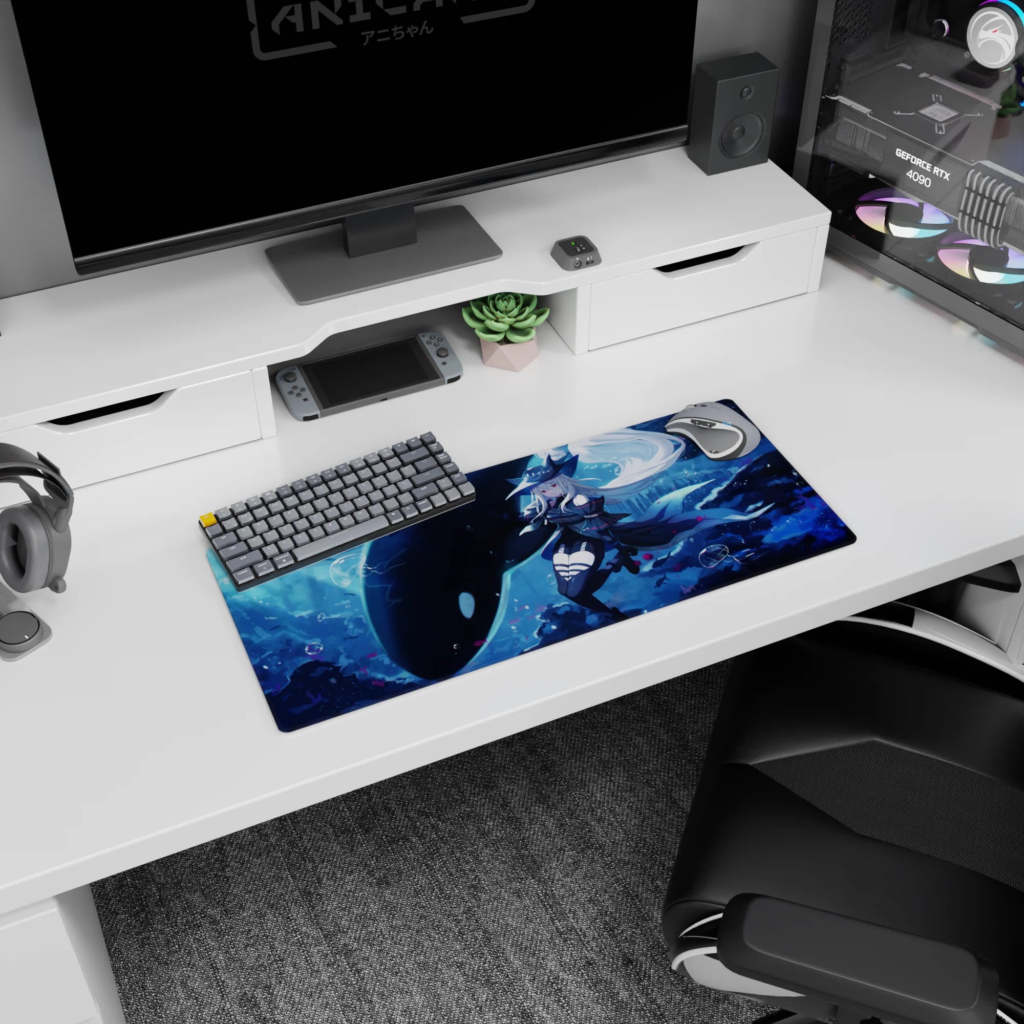28x12 inches mouse pad showing a silver-haired girl in dark sailor dress and wide hat drifting by a giant orca.