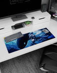 32x12 inches anime girl mouse pad showing silver-haired girl in dark sailor dress and wide hat drifting by an orca.