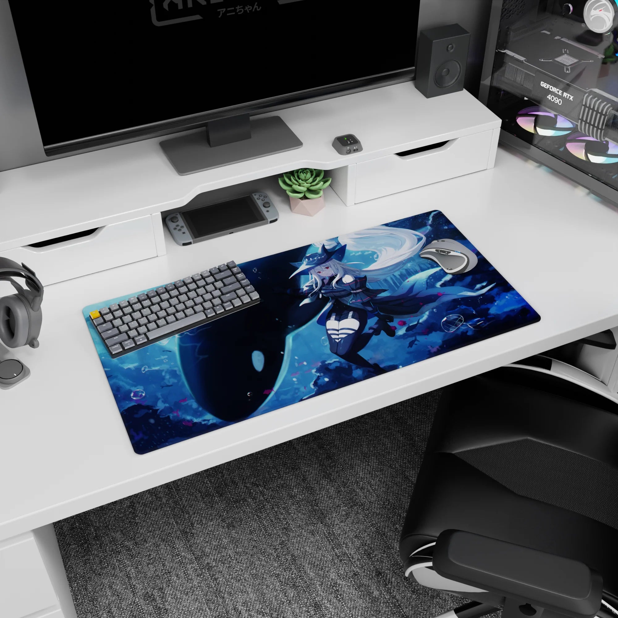 32x16 inches anime girl mouse pad showing silver-haired girl in wide hat drifting beside a giant orca.