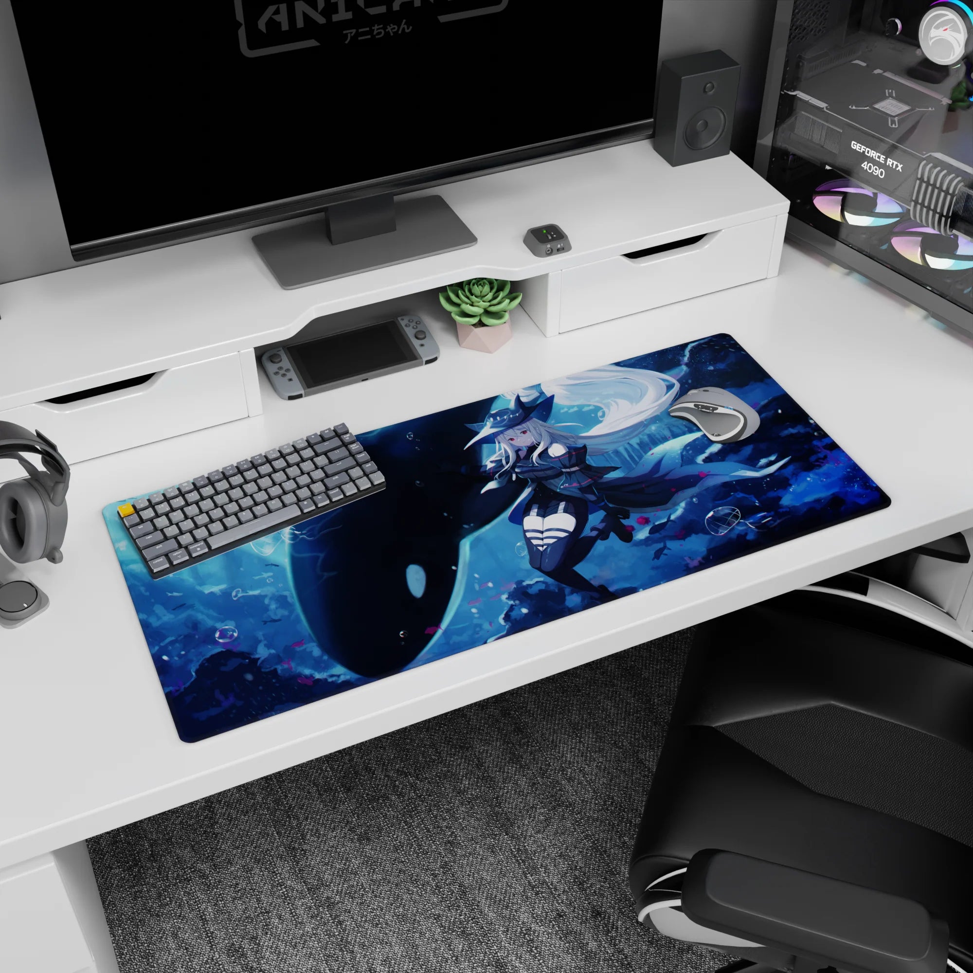 36x16 inches anime girl desk pad showing a dark-dressed girl in wide hat drifting beside a giant orca.